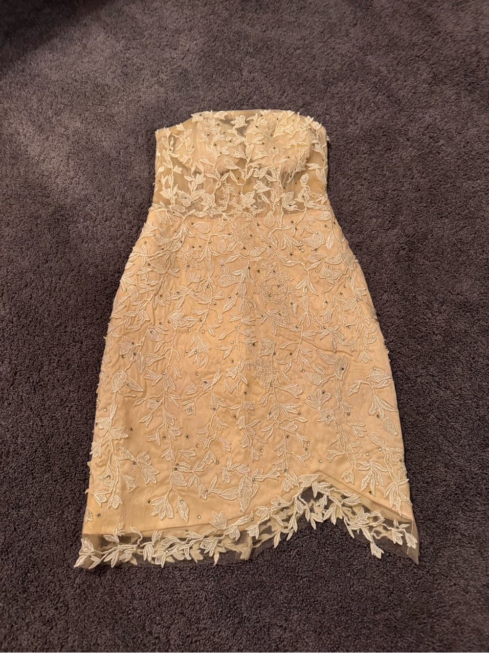 Amazon Strapless Lace Cocktail Dress in Light Beige